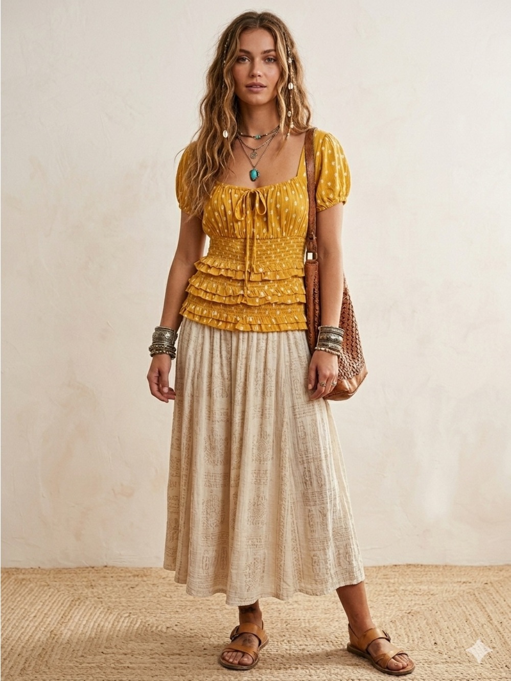 Rebellion Again Mustard Boho Chic Peasant Top Blouse Coastal Cowgirl - Medium